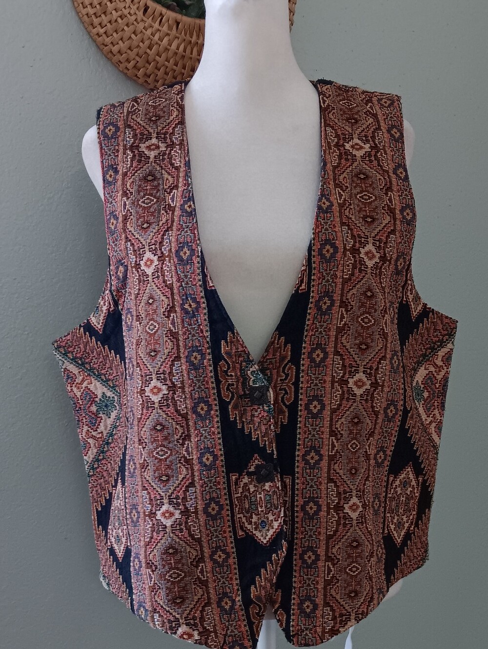 Vintage Tapestry Western Boho Vest in Navy and Rust